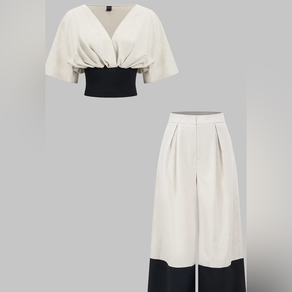 Cropped V-Neck Wrap Top in Cream with Black Waistband